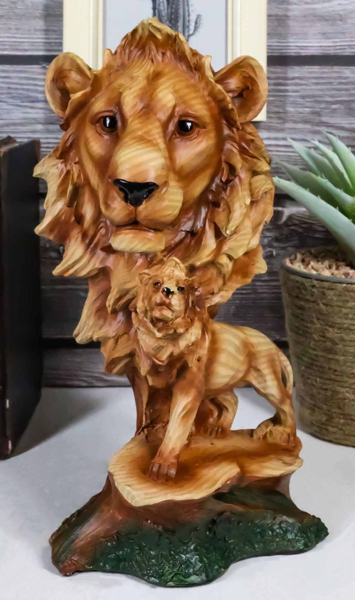 Ebros African Safari Lion Bust Statue 9"H Lion King Pride Rock Faux Wood Resin