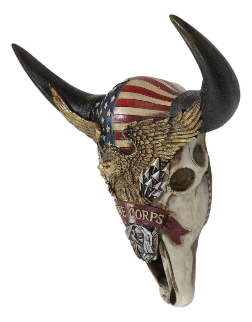 Western Patriotic Bull Cow Skull W/ American Flag Bald Eagle Marine Wall Decor - Ebros Gift