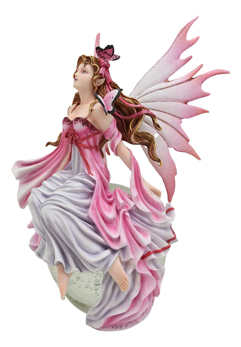 Ebros Daybreak Princess Pink Fuchsia Fairy Sitting On Moon Acrylic Bubble Globe Statue 8.75" Tall Nene Thomas Fantasy Art Angels Fairies Pixies Themed Home Decor Sculpture Figurine
