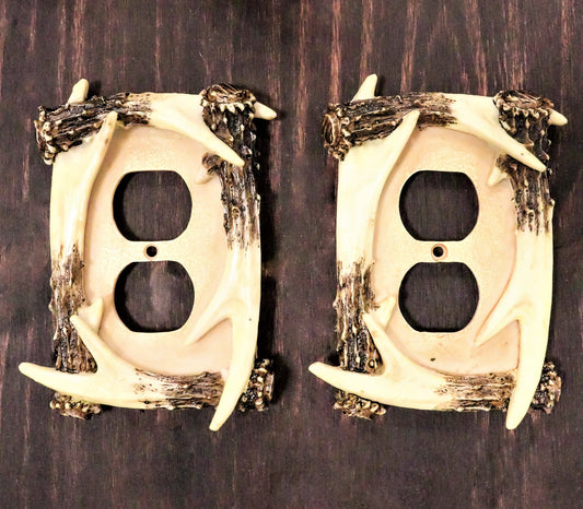 Ebros Set of 2 Novelty Woodland Rustic Forest Stag Deer Antlers Wall Electrical Cover Plate Accent Hand Painted Sculpted Antler Resin Home Decor Accessory (2, Double Outlets)