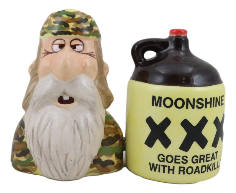 Moonshine Goes Great with Road Kill Redneck Hunter and Jug Salt Pepper Shakers