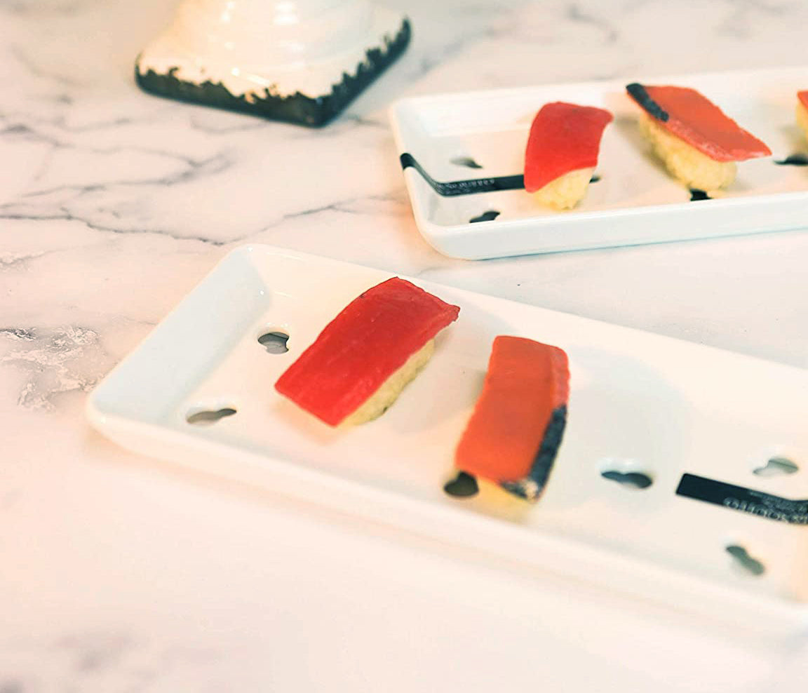 Set of 2 White Japanese Neta Zara Ceramic Sushi Case Chef Drip Plate 8.75"X4.75" - Ebros Gift