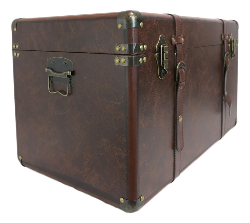 Set Of 3 Stackable Large Wood Vintage Brown Leather Trunk Case Boxes Organizer