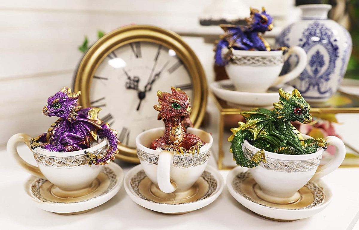 Ebros Metallic Baby Wyrmling Dragons in Tea Cups with Saucers Figurine Set 4.5"H