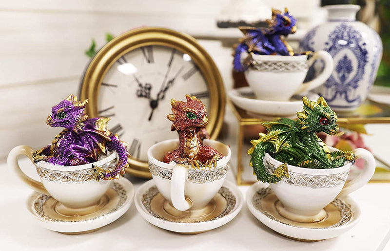Ebros Metallic Baby Wyrmling Dragons in Tea Cups with Saucers Figurine Set 4.5"H