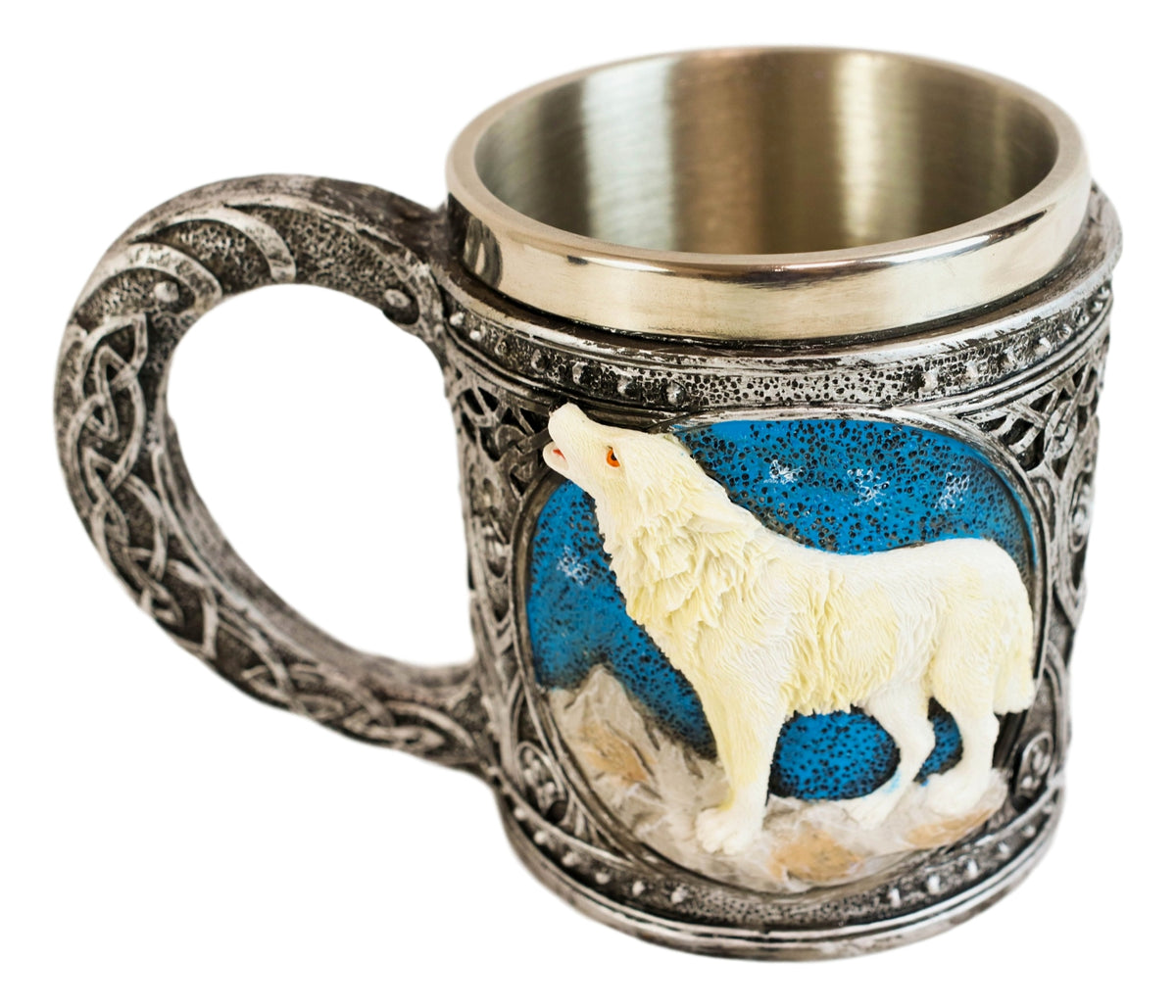 Starry Night Mountains Celtic Howling White Wolf Coffee Mug And Wine Goblet Set