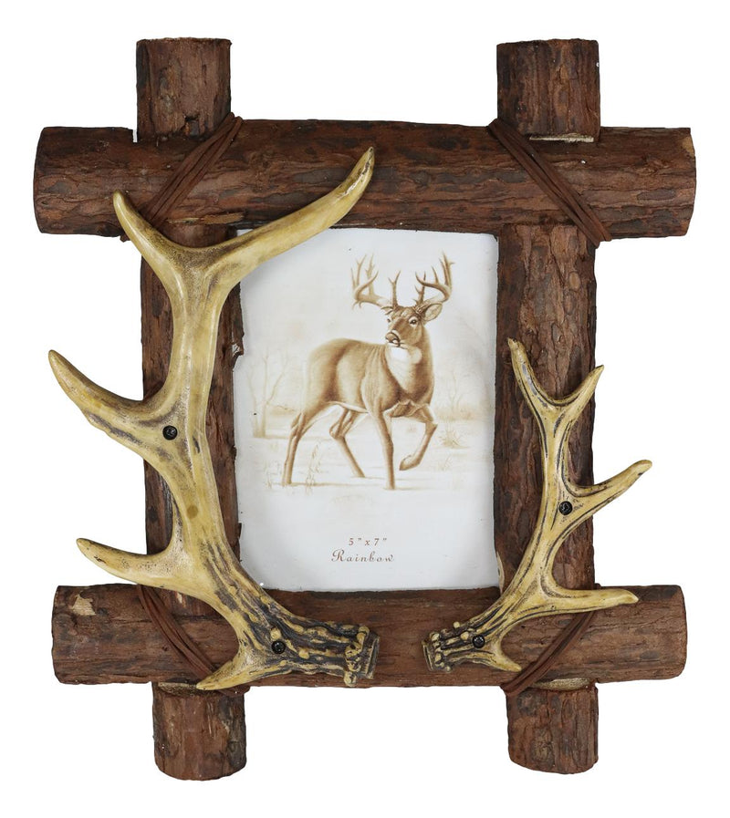Rustic Buckhorn Deer Antlers On Logs Picture Frame With Easel Back 5"X7" Photo