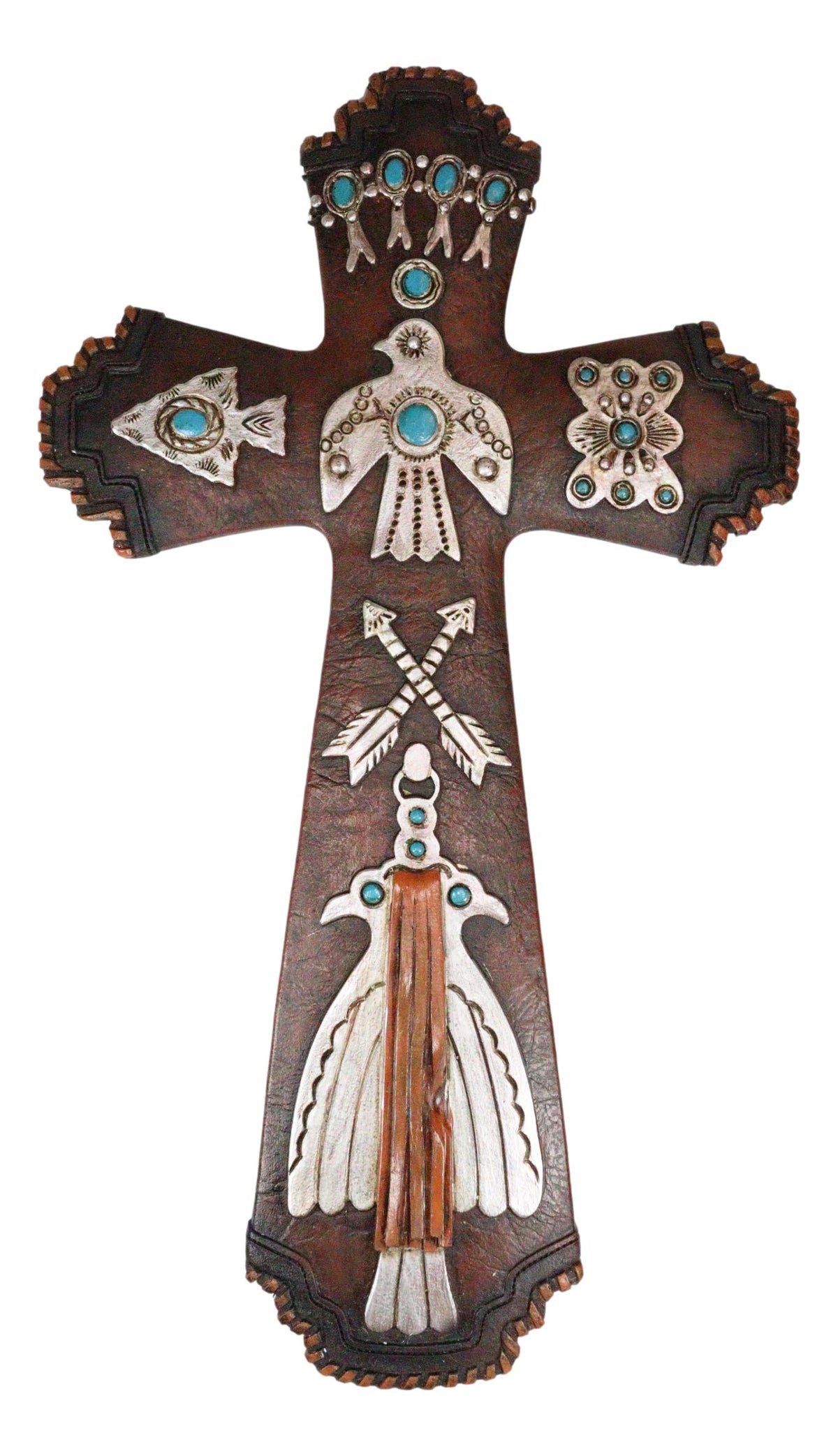 Rustic Aztec Mayan Indian Silver Bird Crossed Arrows Turquoise Stones Wall Cross