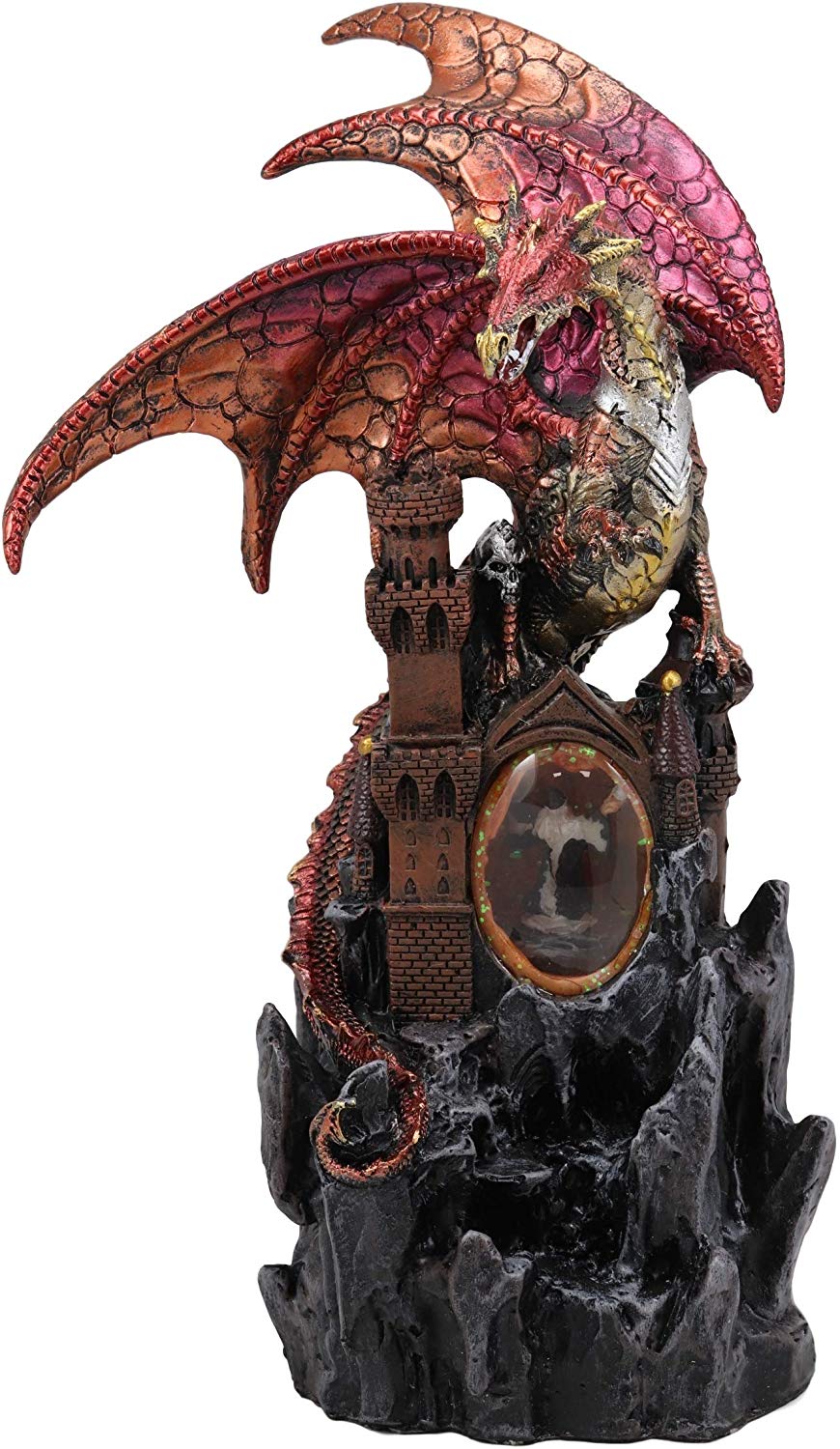 Ebros Large Red Fire Dragon On Rocky Castle Statue With Wizard LED Light Glass Ball - Ebros Gift
