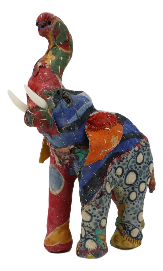 Elephant with Trunk Up Hand Crafted Paper Mache In Colorful Sari Fabric Figurine