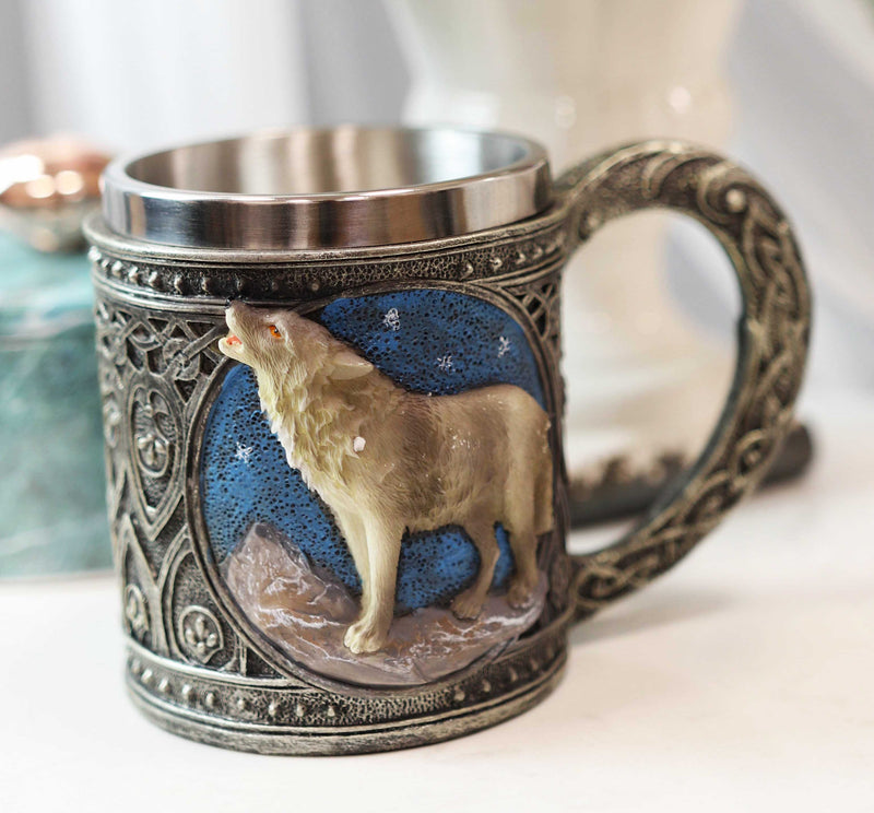 Celtic Howling Direwolf Gray Wolf At Starry Night Mountains Coffee Mug 14oz