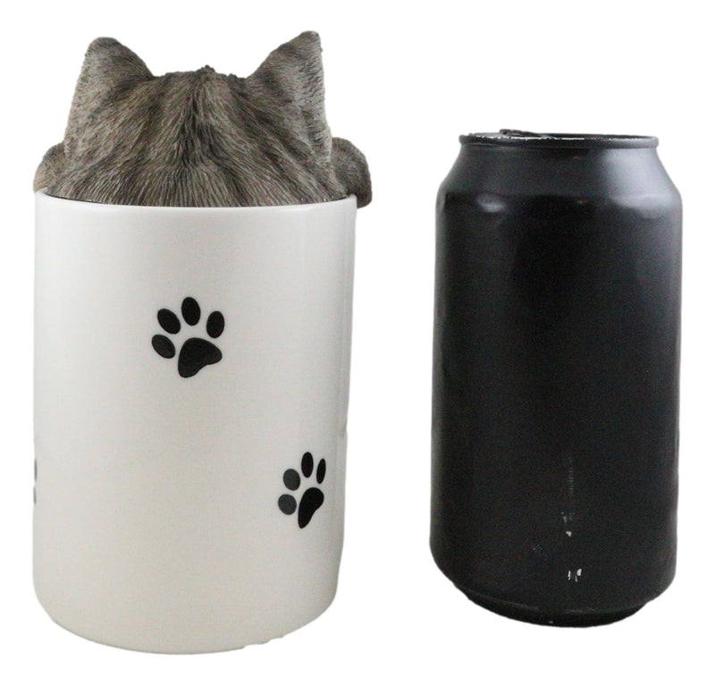 Ceramic Gray Tabby Cat Hiding and Peeking Dry Storage Jar With Paw Prints Decor