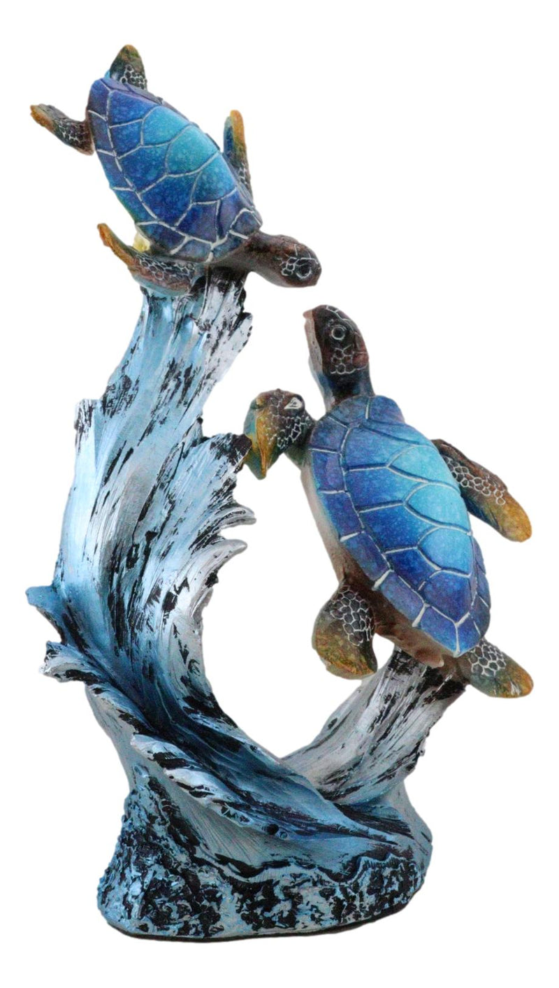 Nautical Blue Sea Turtle And Baby Swimming By Ocean Currents And Waves Figurine