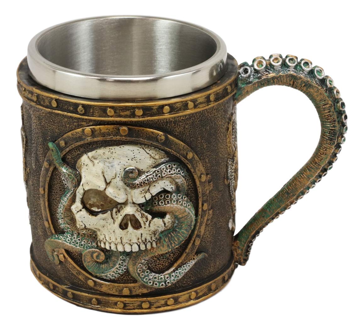 Ebros Nautical Cthulhu Cosmic Giant Octopus Wrecking Human Skull In Porthole Frame With Anchor Drinking Mug 13 oz Resin Drink Coffee Cup With Stainless Steel Liner And Tentacles Handle