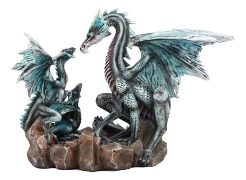 Narygos Blue Iceberg Mother Dragon With Baby Dragons Statue Home Decor Fantasy - Ebros Gift