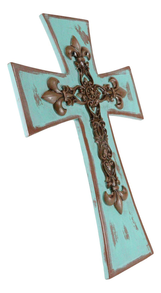 Rustic Southwestern Tuscany French Fleur De Lis Antiqued Turquoise Wall Cross - Ebros Gift