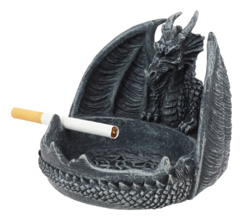 Ebros Mythical Guardian Dragon With Celtic Knotwork Round Cigarette Ashtray Statue 5.5" Wide Faux Stone Resin Legend Of The Swords Dragon Sculpture