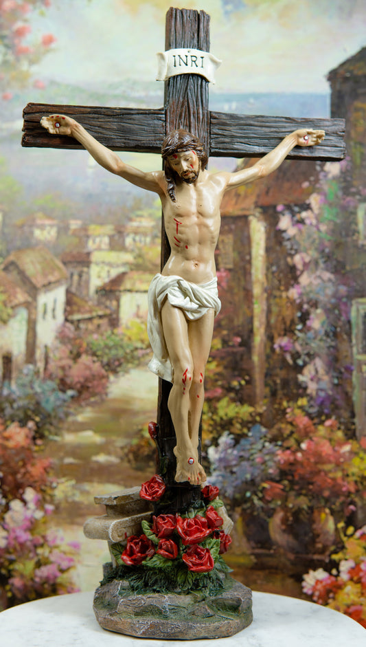 Ebros Jesus Christ On The Cross With Rose of Sharon Base Decorative Crucifix Statue - Ebros Gift