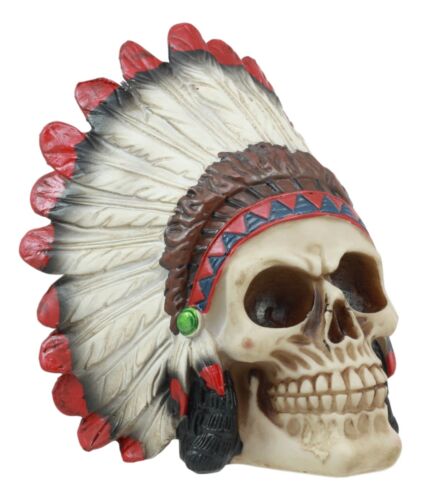 Indian Chieftain Skull Statue 5.75"L Mohawk Warrior Skull With Roach Headdress