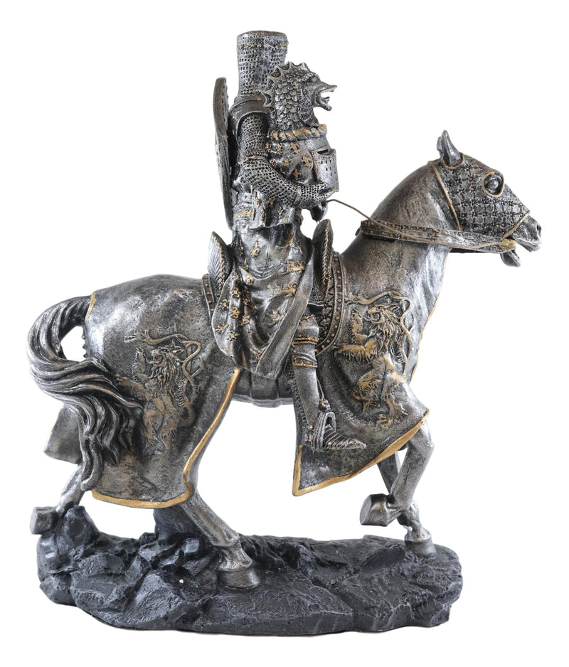 Medieval Fleur De Lis French Knight With Dragon Helmet On Armored Horse Statue