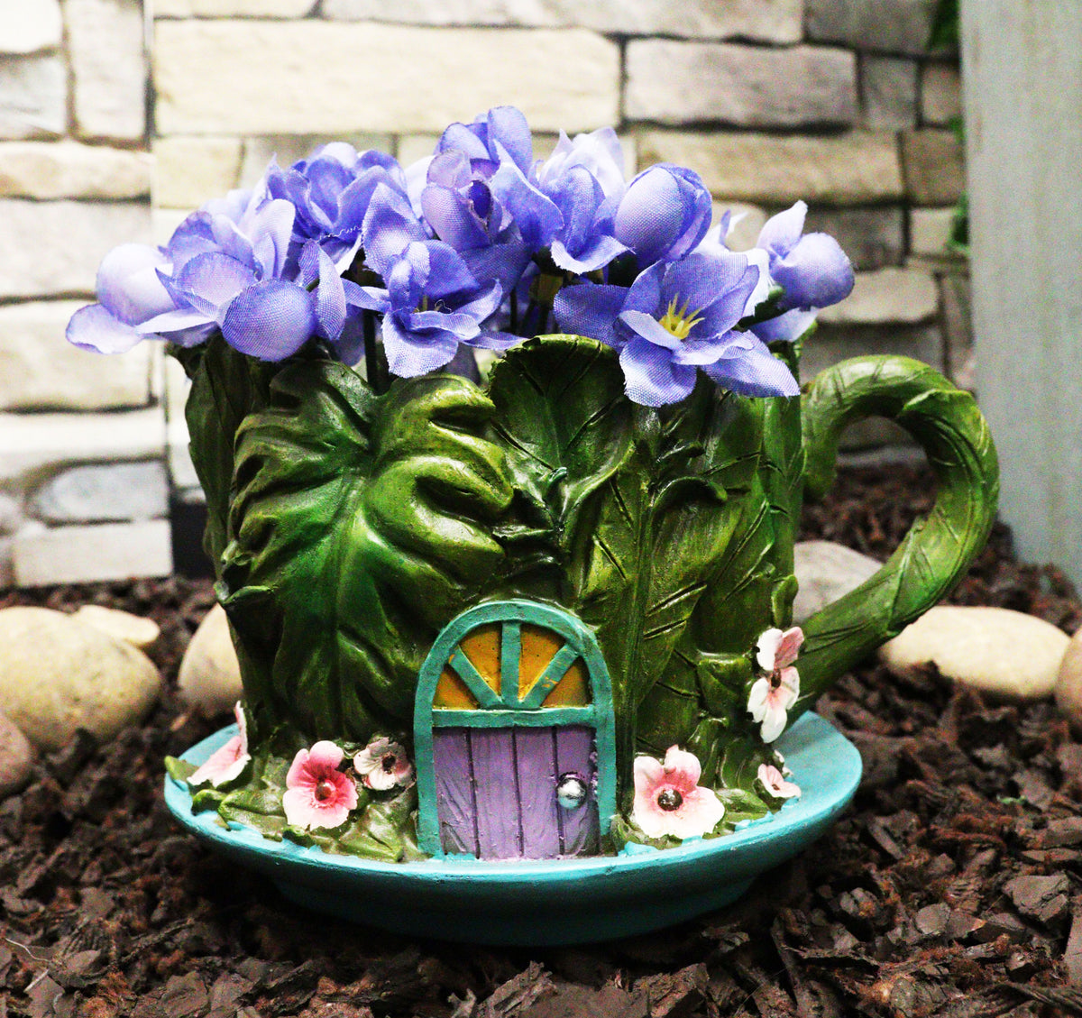 Fairy Garden Leaf Foliage Teacup House With Purple Door Floral Planter Vase - Ebros Gift