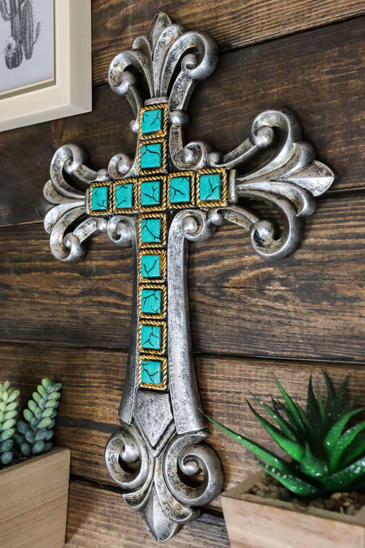 Southwestern Silver Tuscan Fleur De Lis Scrollwork Turquoise Rocks Wall Cross - Ebros Gift