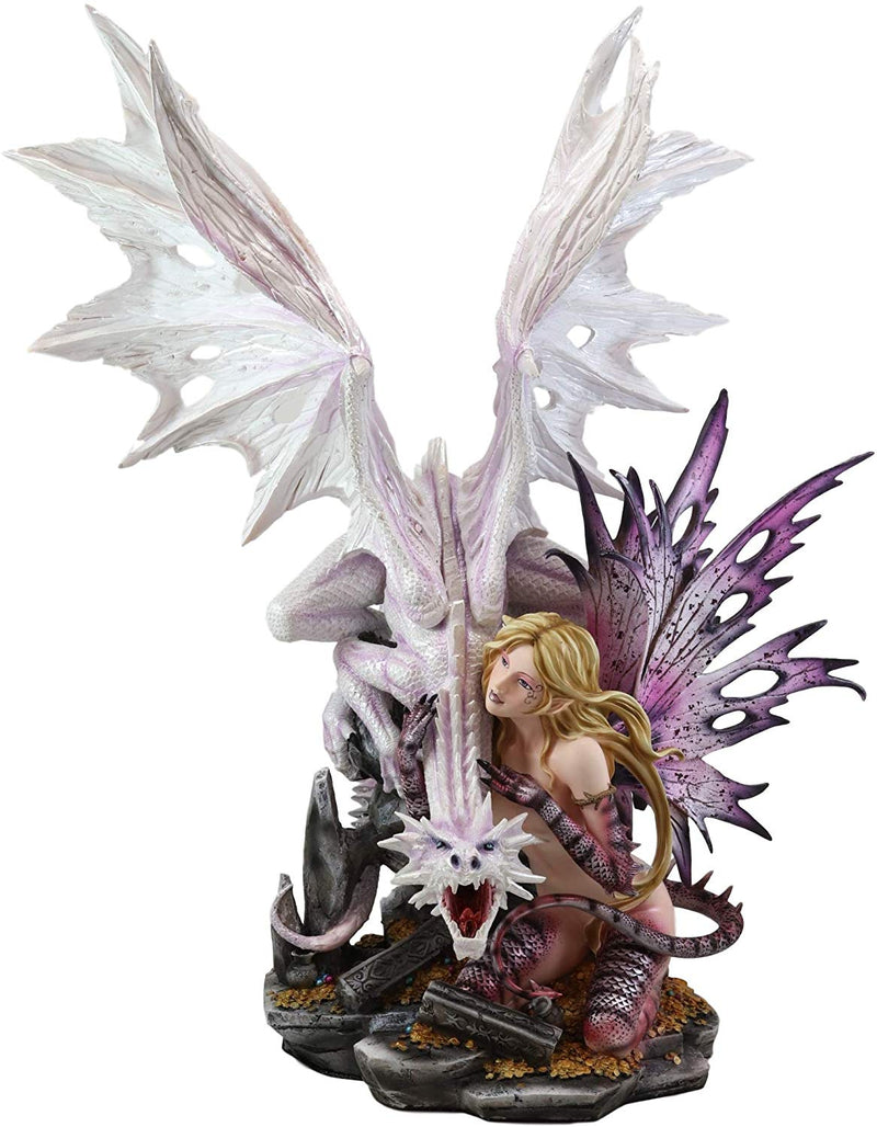 Large 22.75"H Red Reptile Fairy With Roaring White Dragon By Treasures Statue