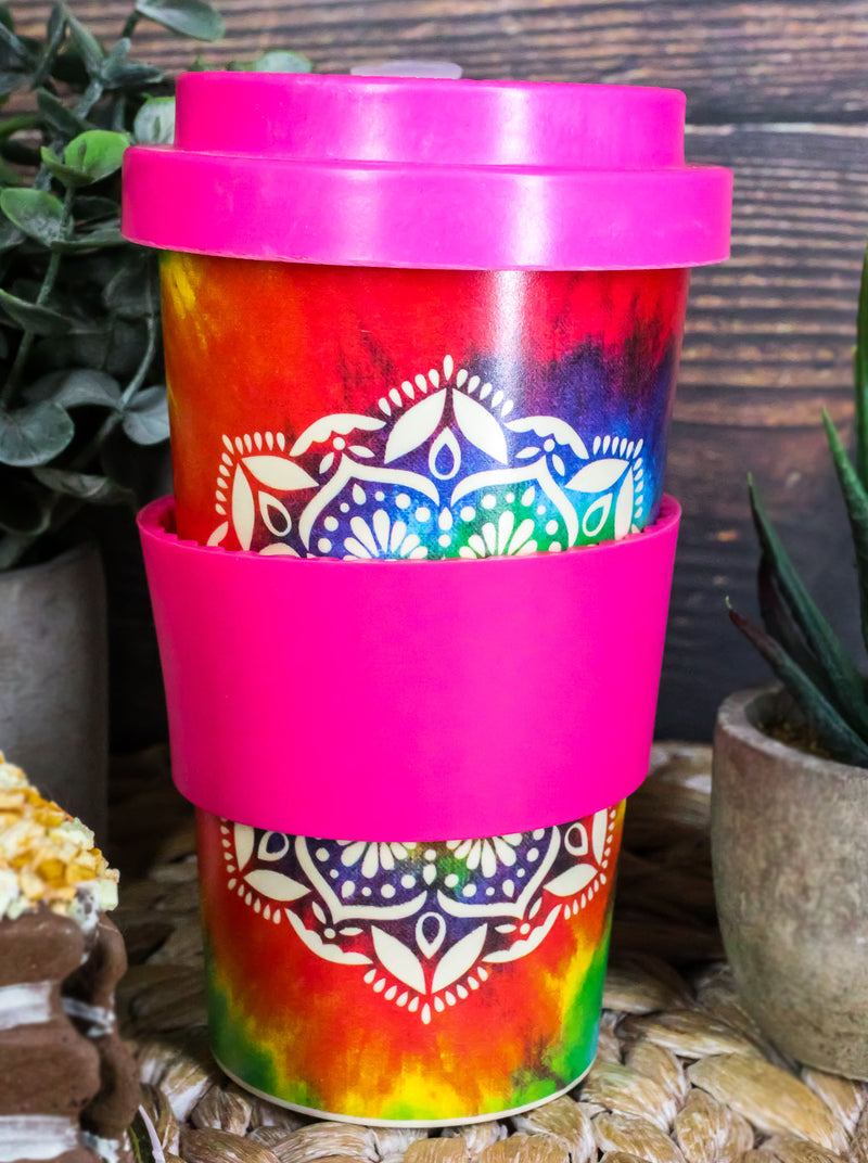 Sacred Rainbow Tie Dye Mandala Flower Reusable Travel Mug Cup W/ Lid And Sleeve