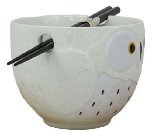 Whimsical Ceramic White Owl Ramen Udong Noodles Soup Bowl With Chopsticks Set