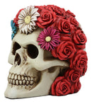 Ebros Colorful Floral Day of The Dead Sugar Skull with Red Roses Hair Adornment Statue 5.5" Long Colorful Resin Figurine Skeleton Cranium Dia De Muertos Calacas De DAMA As Gothic Decor Sculpture