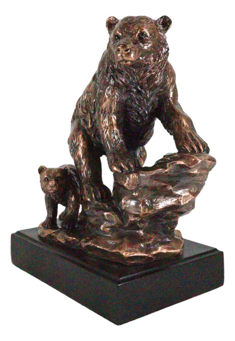 Black Bear Mother With Cub Climbing Rock Bronze Electroplated Resin Statue 9"H
