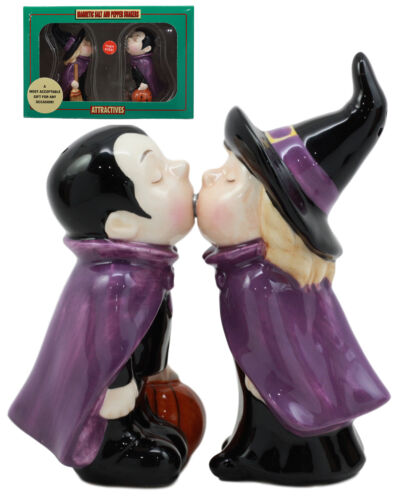 Ebros Halloween Witch Kissing Vampire Salt And Pepper Shakers Set Ceramic Magnet