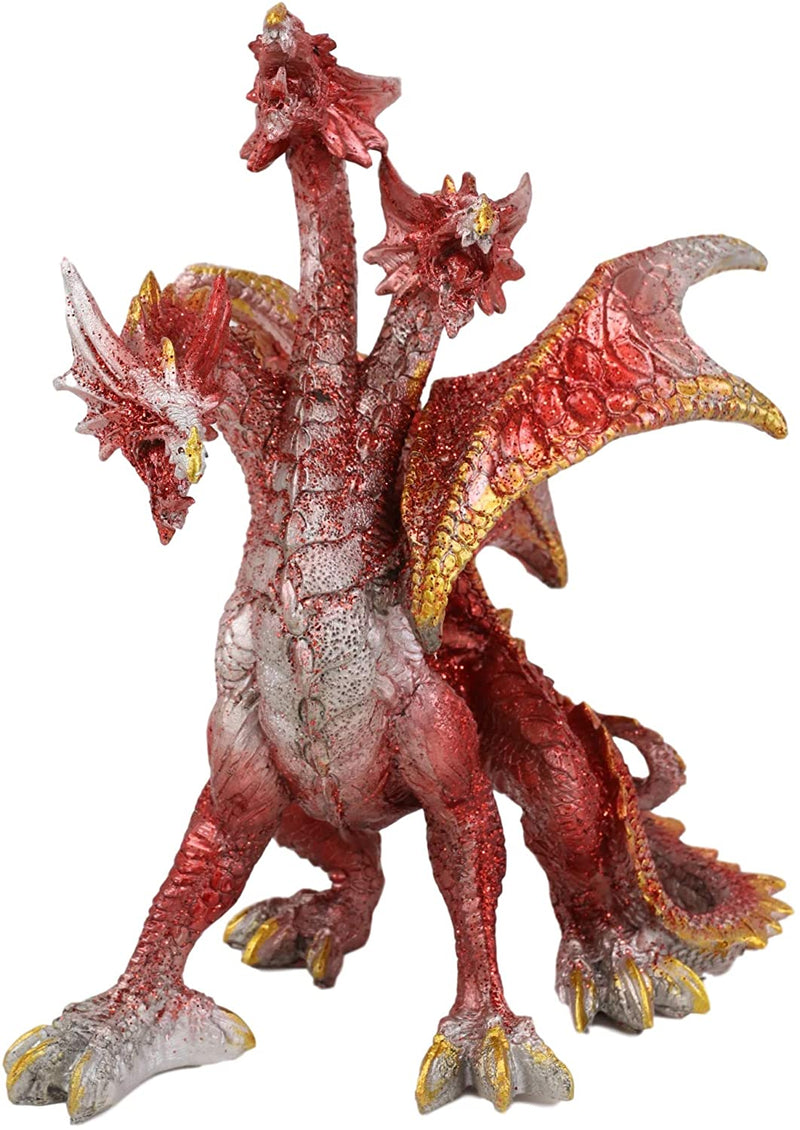 Ebros Red Fire Three Headed Dragon Hydra Roaring Statue 8" Tall Figurine Decor