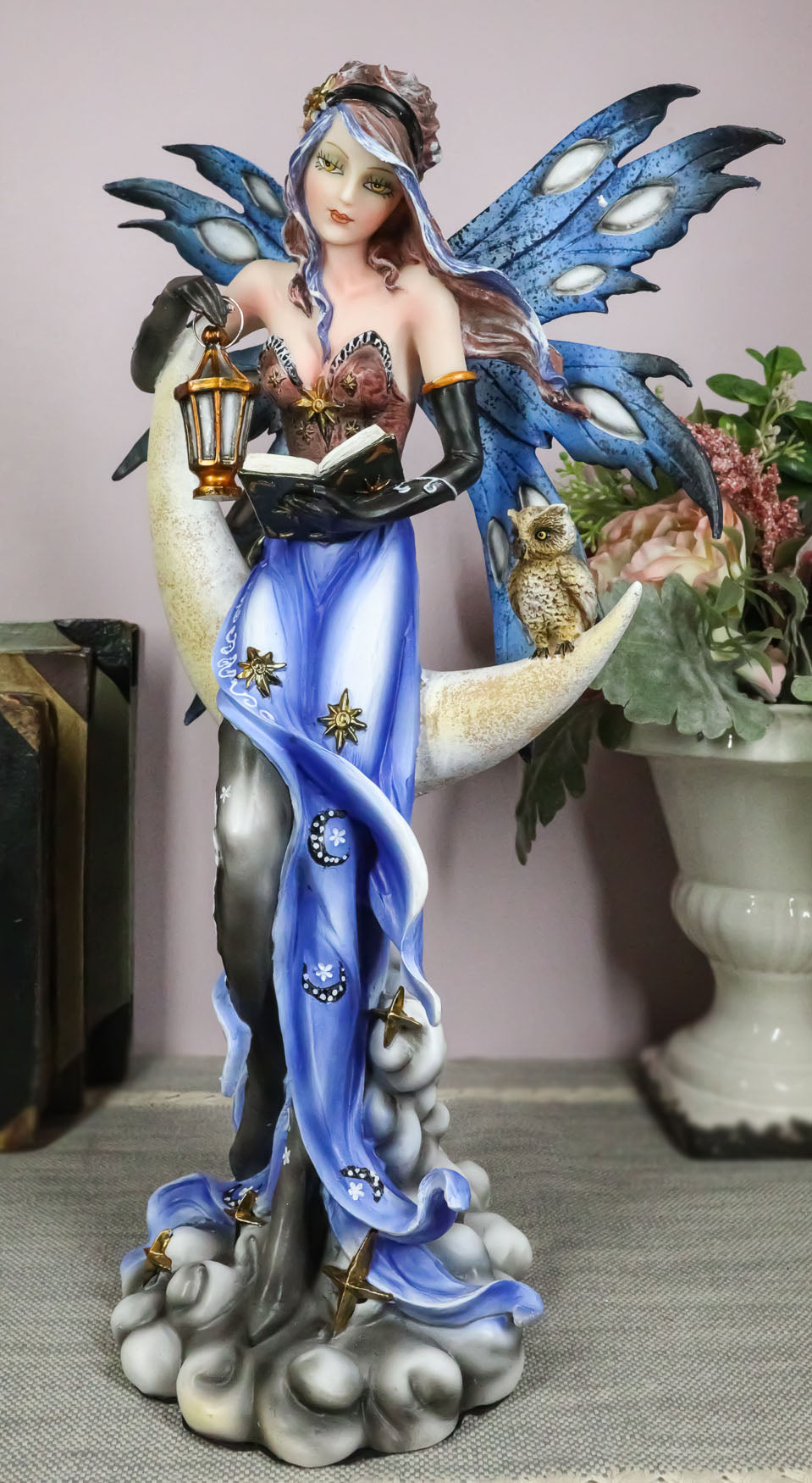 Fairy With Book Lantern And Owl On Crescent Moon Clouds and Stars Statue 14" H - Ebros Gift