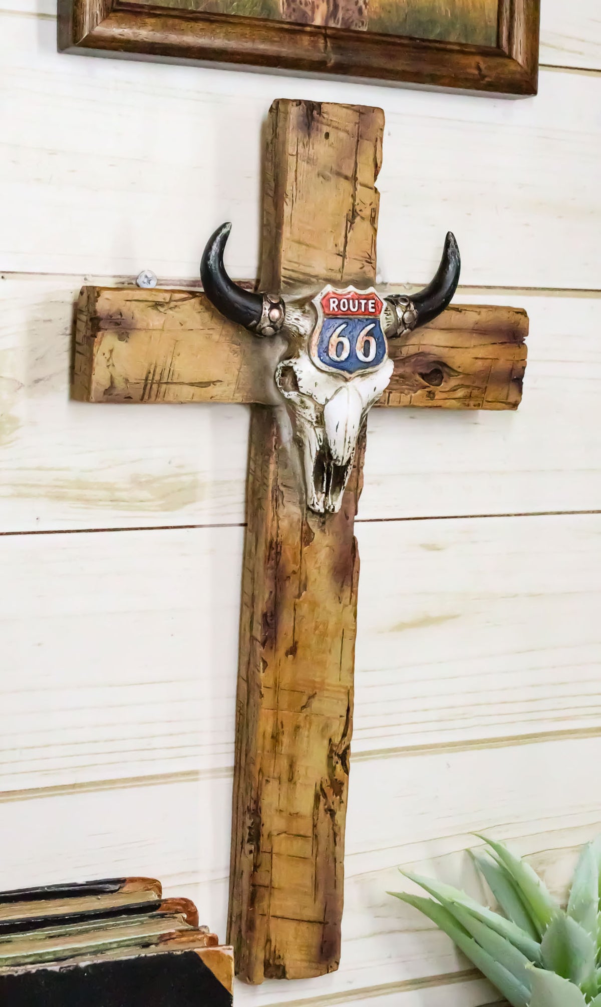 Rustic Western Cow Skull Nostalgic Route 66 Highway Sign Faux Wooden Wall Cross