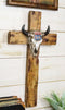 Rustic Western Cow Skull Nostalgic Route 66 Highway Sign Faux Wooden Wall Cross