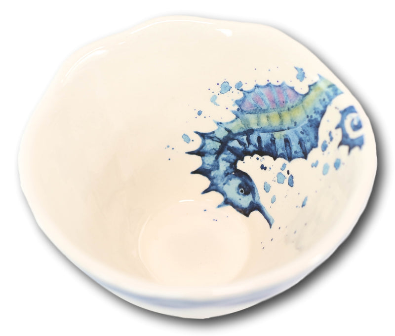Nautical Blue And White Seahorse Cereal Small Rice Soup Ceramic Bowls Pack Of 2