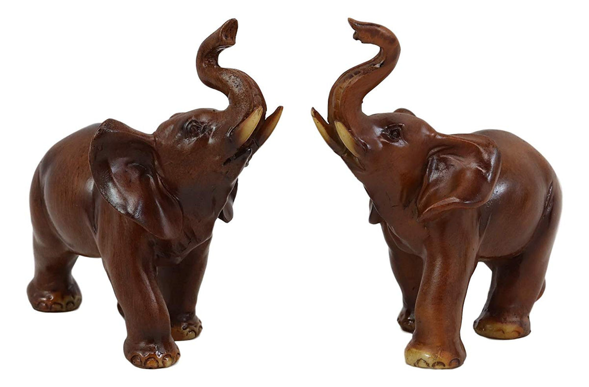 Ebros Faux Wood Feng Shui Elephant with Trunk Up Statue Set of 2 Thai Buddhism - Ebros Gift