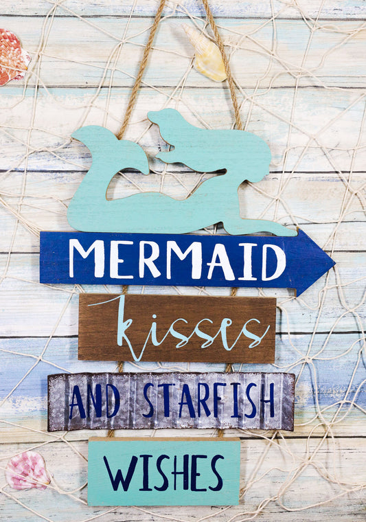 Ebros Teal Mermaid Wall Decor Sign Mermaid Kisses & Starfish Wishes Plaque 13"H