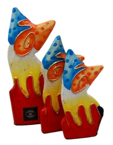 Ebros Balinese Wood Handicrafts Bright Colors Cat Family Set of 3 Figurines - Ebros Gift
