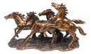 Large 17"L Rustic Western Wild And Free 4 Running Horses Bronzed Resin Statue