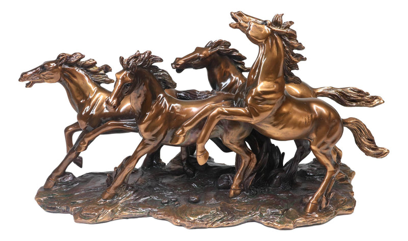 Large 17"L Rustic Western Wild And Free 4 Running Horses Bronzed Resin Statue