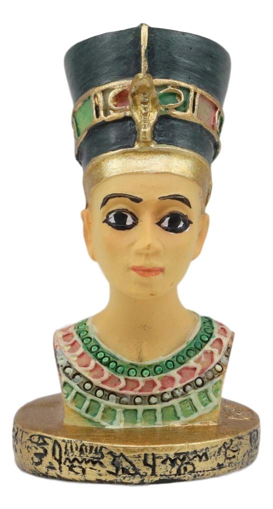Egyptian Queen Nefertiti Bust Miniature Figurine With Hieroglyphic Base 2.25"H
