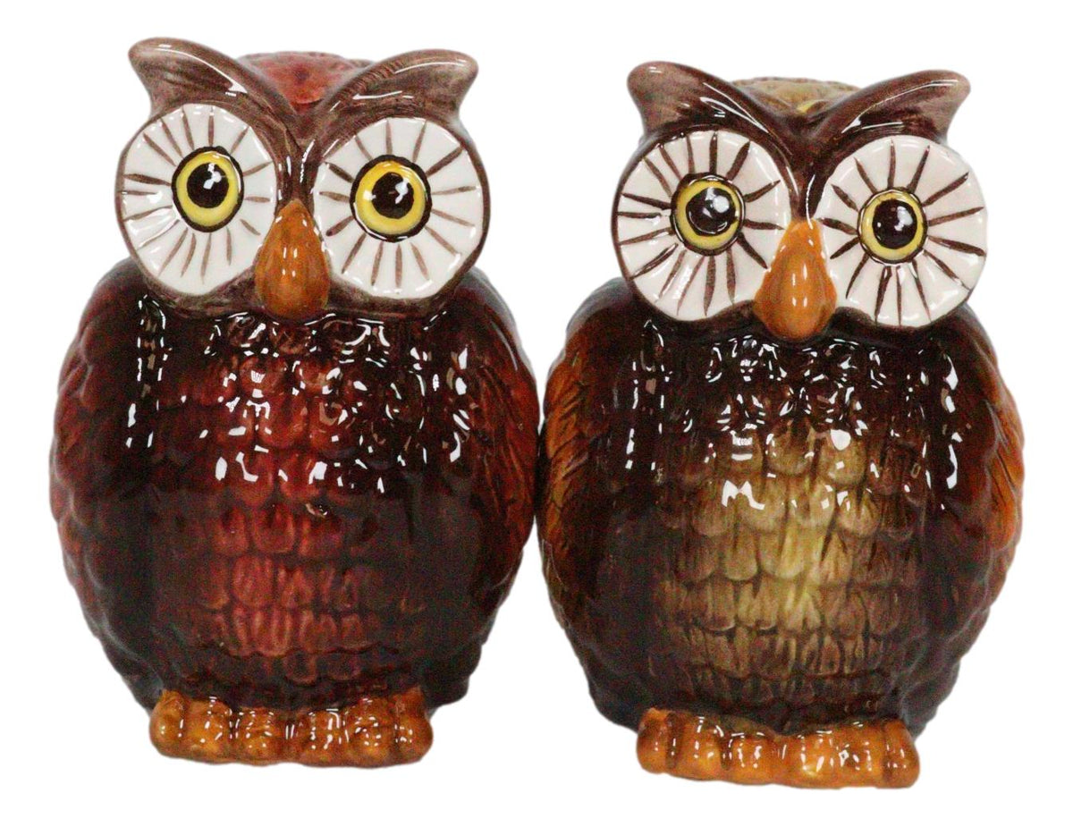 Nocturnal Tropical Great Horned Owl Couple Ceramic Salt Pepper Shakers Figurines - Ebros Gift