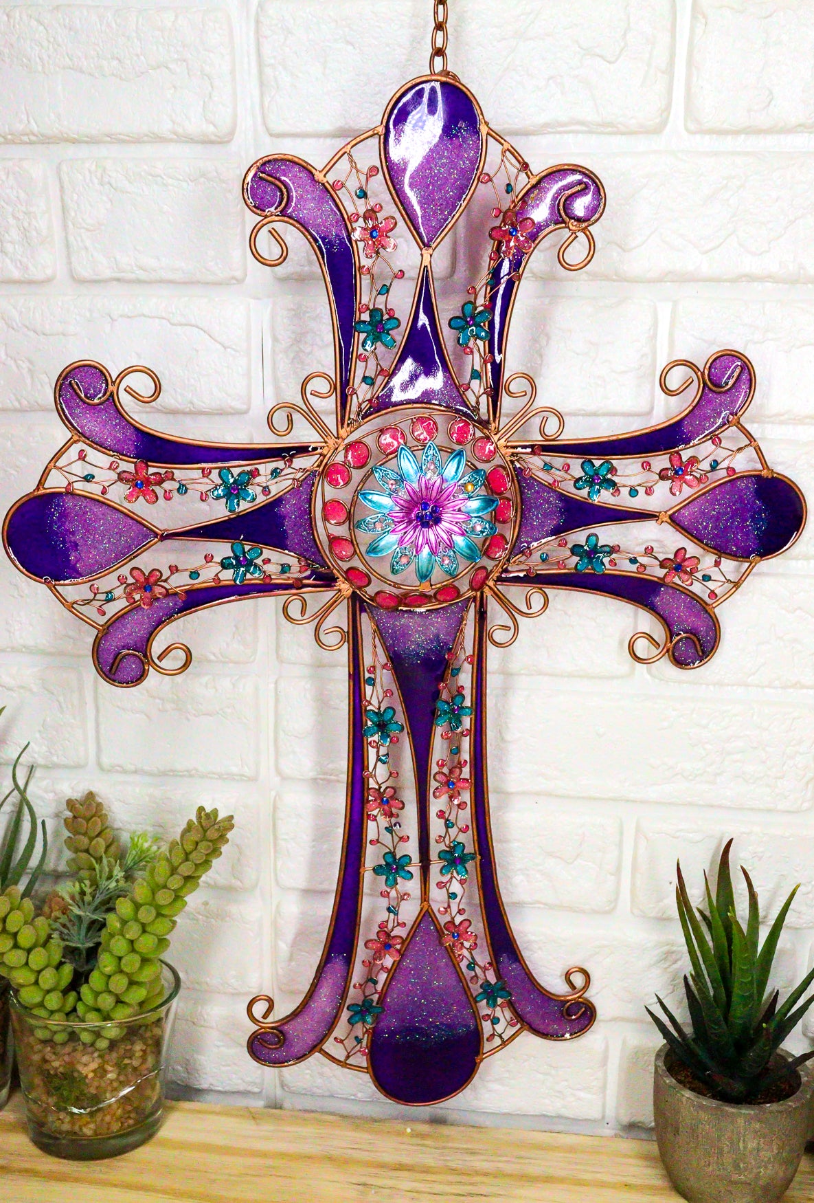 Purple Glitter Stained Glass Gemstones Copper Floral Celtic Cross Wall Decor