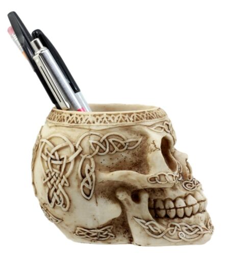 Day Of The Dead Celtic Tribal Tattoo Skull Pen Stationery Holder Figurine 4.5"L