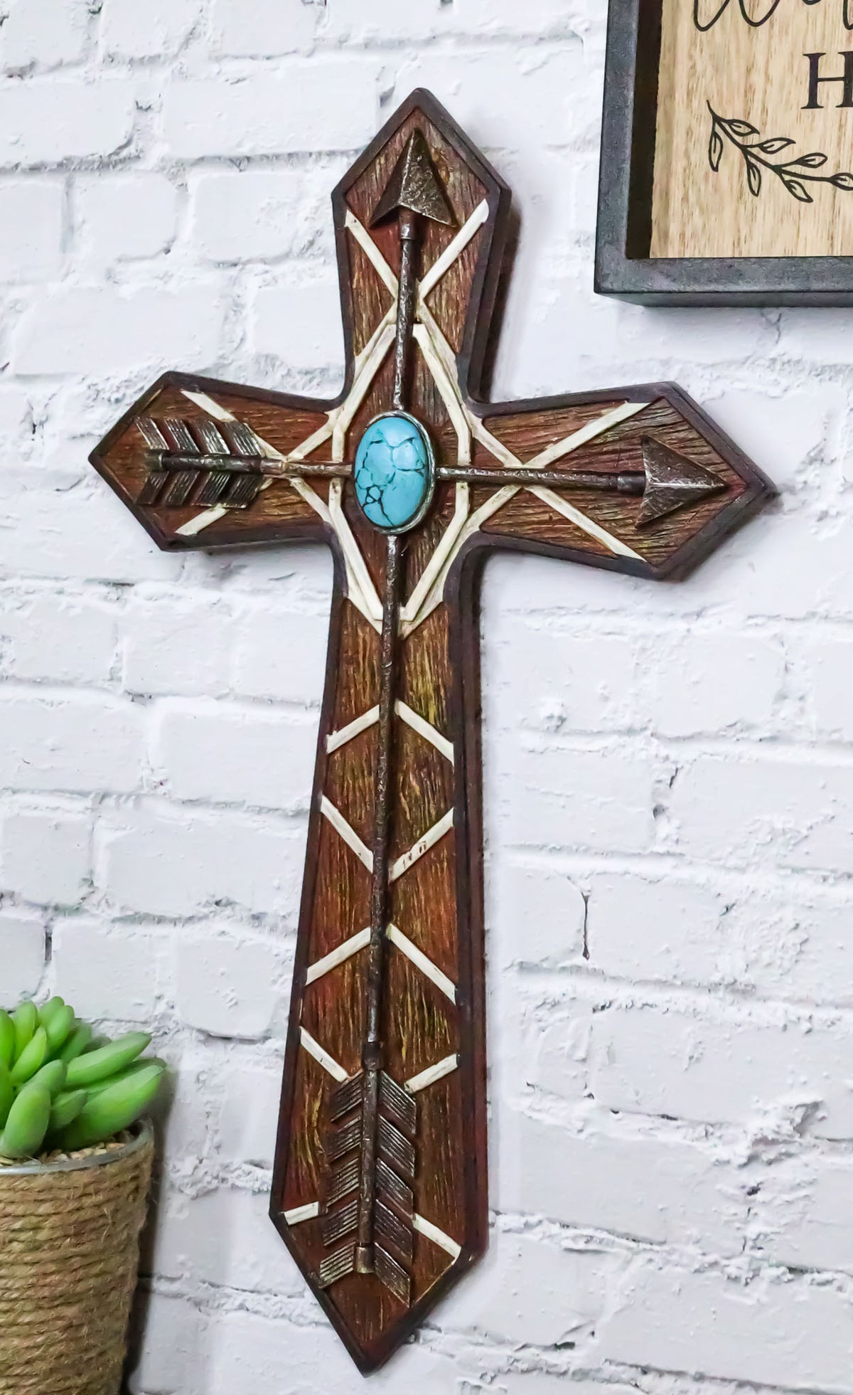Rustic Western Boho Native Indian Arrows Turquoise Rock Faux Wooden Wall Cross