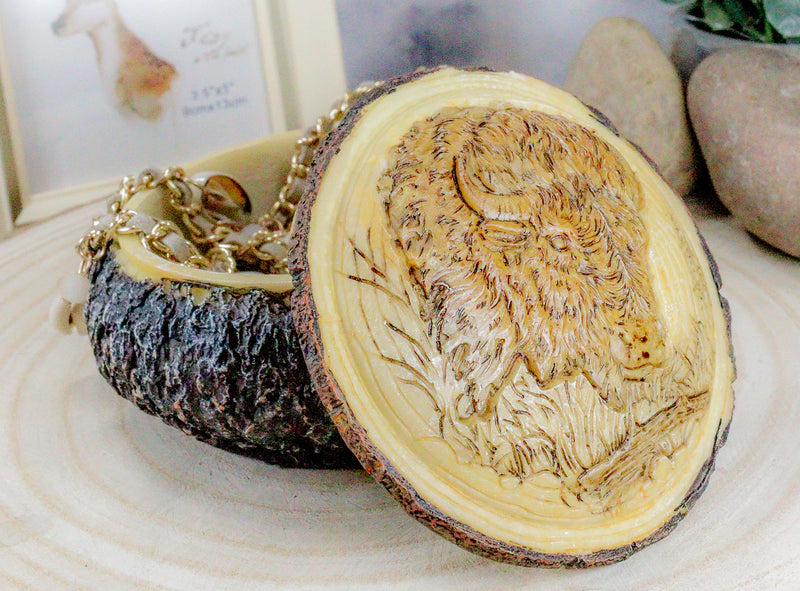 Ebros Rustic Faux Wood Wild Buffalo Round Jewelry Box Figurine 4" Diameter American Bison Trinket Box