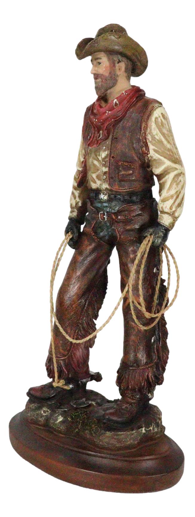 Western Full Outfit Cowboy Holding Cattle Lasso Ropes Statue 15.5"H