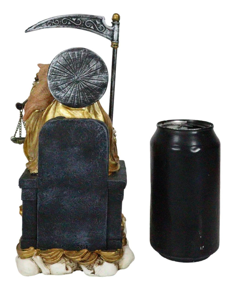 Seated Gold Santa Muerte With Scythe Scales of Justice And Wise Owl Figurine 9"H